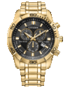 Chronograf Citizen Classic Eco-Drive z czarną tarczą, złocistą kopertą i bransoletą ze stali nierdzewnej o średnicy 44 mm, stałą ramką z podziałką 60-minutową, trzema tarczami pomocniczymi oraz okienkiem datownika.