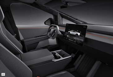 Wnętrze Cybertruck Long Range RWD z materiałowymi siedzeniami i standardową konsolą centralną