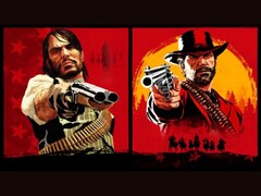 John Marston i Arthur Morgan z Red Dead Redemption kierują broń w stronę widza na czerwonym i żółtym tle (źródło obrazu: Rockstar Games)