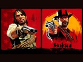 John Marston i Arthur Morgan z Red Dead Redemption kierują broń w stronę widza na czerwonym i żółtym tle (źródło obrazu: Rockstar Games)