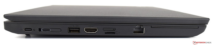 lewy bok: 2 USB typu C, port dokowania, USB typu A (3.0), HDMI 1.4b, gniazdo karty nano SIM, czytnik kart pamięci microSD, LAN