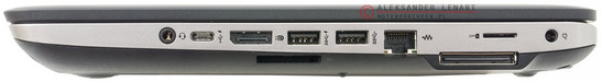prawy bok: gniazdo audio, USB 3.1 typu C, DisplayPort, czytnik kart pamięci, dwa USB 3.0 (w tym pierwsze z funkcją ładowania), LAN, port stacji dokującej, gniazdo SIM, gniazdo zasilania