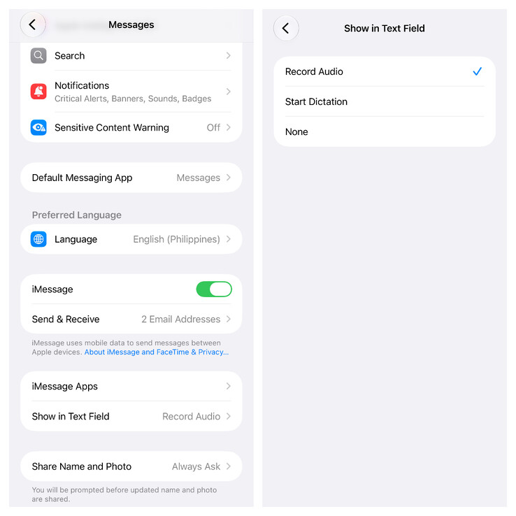 Nowa opcja przełączająca „Pokaż w polu tekstowym” w aplikacji Apple Messages, służąca do ukrywania przycisku dyktowania