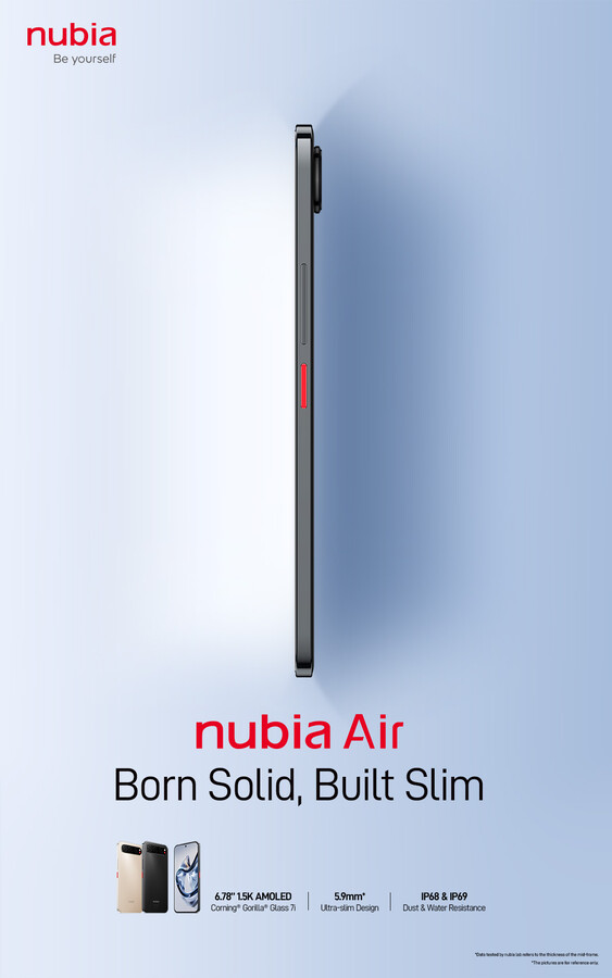 Wyciekłe zdjęcie promocyjne twierdzi, że Nubia Air ma tylko 5,9 mm grubości, z jednym ważnym zastrzeżeniem w przypisie.