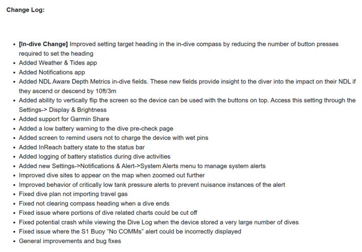 Dziennik zmian oprogramowania systemowego 4.05 dla Garmin Descent X50i. (Źródło obrazu: Garmin)