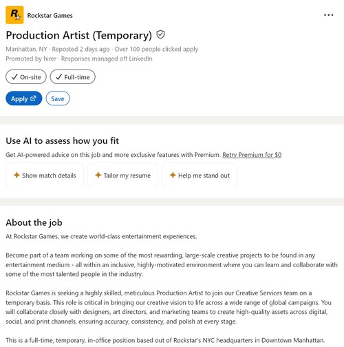 LinkedIn Pokazano ogłoszenie o pracę Rockstar Games dla artysty produkcyjnego