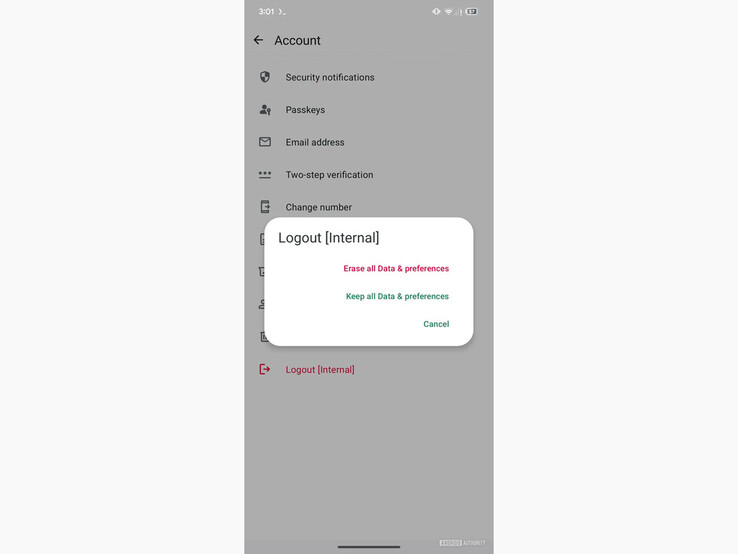 Zrzut ekranu z najnowszej wersji beta WhatsApp, który pokazuje nową opcję Wyloguj [Wewnętrzne]. (Źródło obrazu: Android Authority)