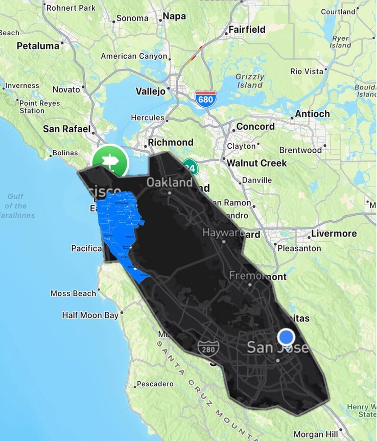 Mapa Tesla Robotaxi vs Waymo geofenced Bay Area. (Źródło zdjęcia: Joe Tegtmeyer/X)