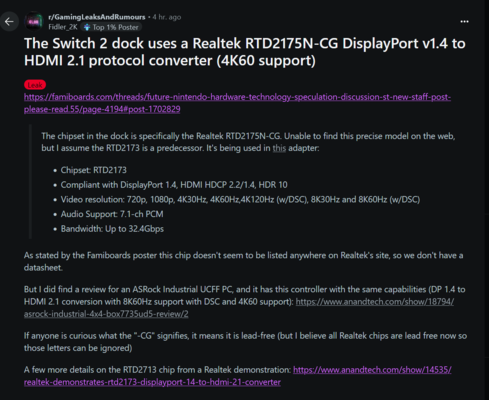 Wyciek stacji dokującej Nintendo Switch 2 4K (źródło obrazu: zrzut ekranu, subreddit GamingLeaksAndRumors)