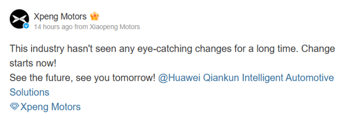 XPeng potwierdza swoją współpracę z Huawei na Weibo (Źródło: Weibo).