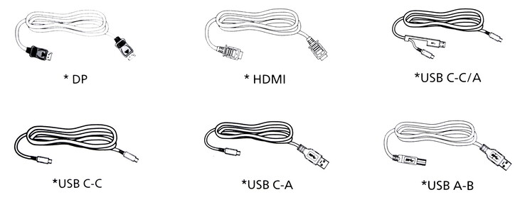 W zestawie znajdują się różne kable wideo i do transmisji danych, choć akcesoria mogą się różnić w zależności od regionu.