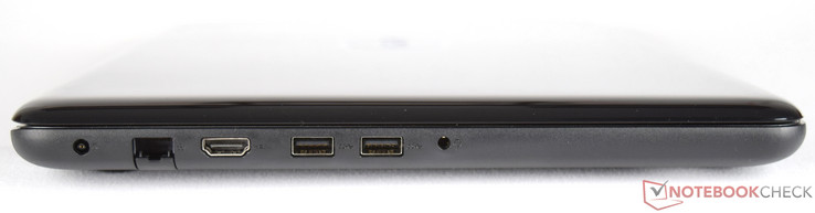 lewy bok: gniazdo zasilania, LAN, HDMI, 2 USB 3.0, gniazdo audio