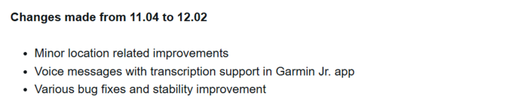 Informacje o wersji oprogramowania 12.02 dla smartwatcha Garmin Bounce. (Źródło obrazu: Garmin)