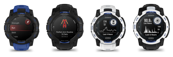 Od lewej do prawej: zegarki Garmin Instinct 3 45 mm AMOLED, 50 mm AMOLED, 45 mm Solar i 50 mm Solar Supernova Collection. (Źródło zdjęcia: Garmin, edytowane)