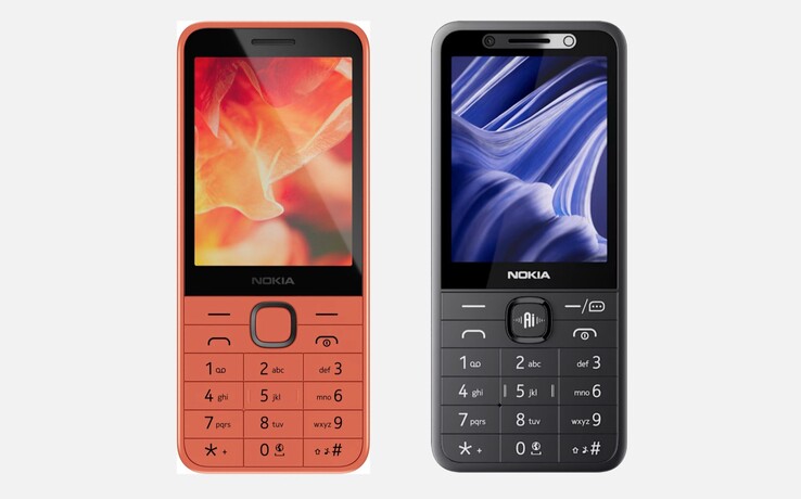 Model Nokia 215 (2026), widoczny po prawej stronie na zdjęciu, różni się od modelu Nokia 215 4G (2024), widocznego po lewej stronie, przede wszystkim obecnością przycisku AI.