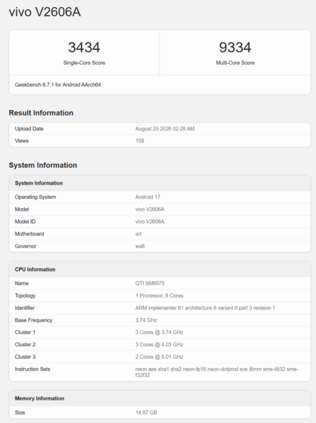 Wpis dotyczący procesora Snapdragon 8 Elite Extreme Gen 6 w serwisie Geekbench