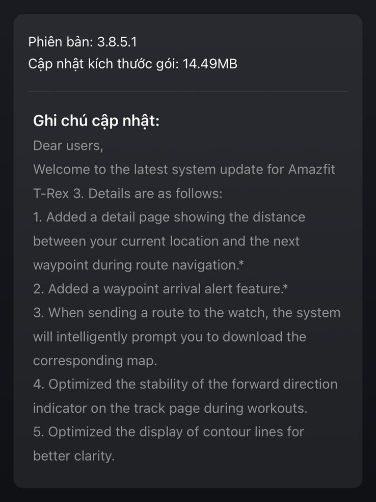 Informacje o wydaniu oprogramowania w wersji 3.8.5.1 dla smartwatcha Amazfit T-Rex 3. (Źródło obrazu: Lương Nguyên Long za pośrednictwem Facebooka)