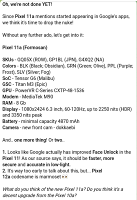 Wyciekły specyfikacje modelu Pixel 11a