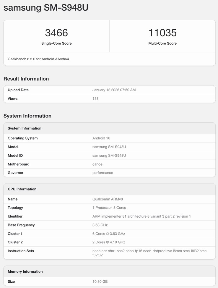 Zestawienie Geekbench dla Galaxy S26 Ultra. (Źródło obrazu: Geekbench)