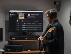 Gitarzysta gra przed monitorem wyświetlającym aplikację StemKit