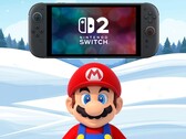 Mario stojący pod Switch 2 w zimowym tle (źródło zdjęcia: Nintendo of America z poprawkami)