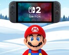 Mario stojący pod Switch 2 w zimowym tle (źródło zdjęcia: Nintendo of America z poprawkami)