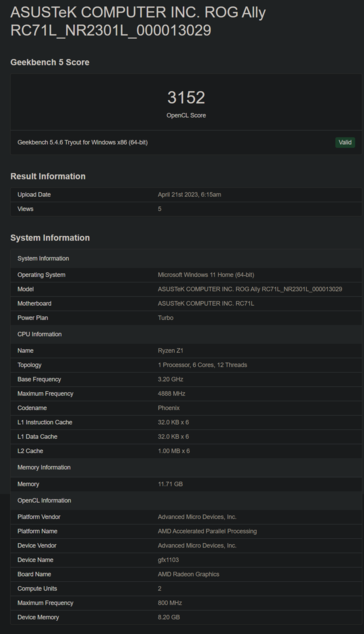 Asus ROG Ally w Geekbench (image via Geekbench)