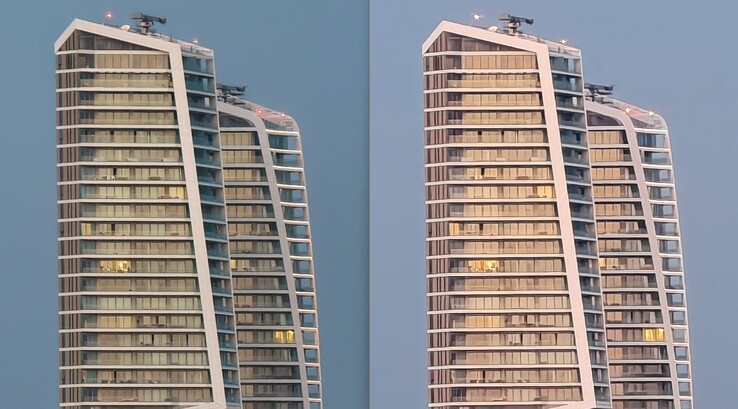 Po lewej: Z telekonwerterem przy 200 mm. Po prawej: Bez telekonwertera.