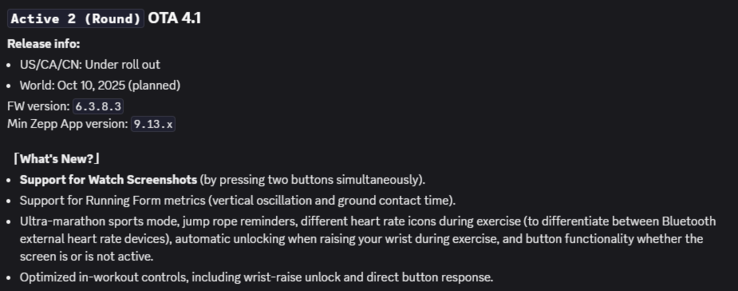 Informacje o wydaniu oprogramowania układowego w wersji 6.3.8.3 dla smartwatcha Active 2 (Round). (Źródło obrazu: Amazfit via Discord)