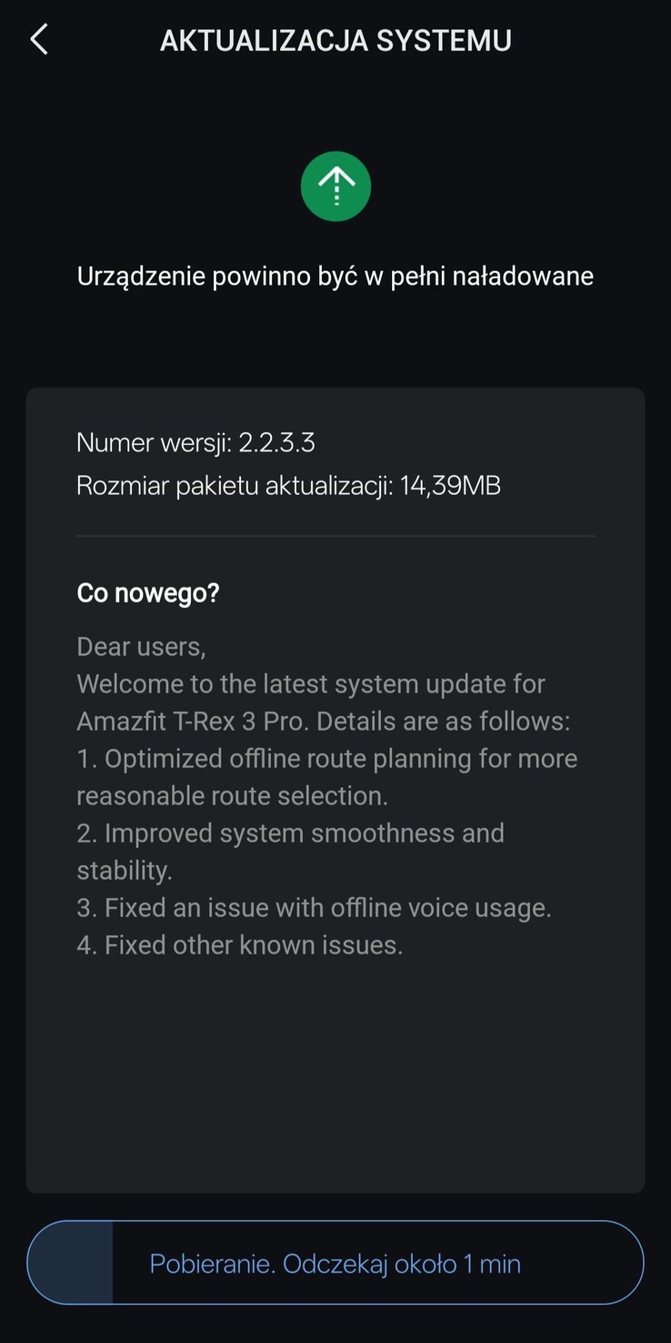 Informacje o wydaniu aktualizacji do wersji 2.2.3.3 dla smartwatcha Amazfit T-Rex 3 Pro. (Źródło obrazu: Amazfit)