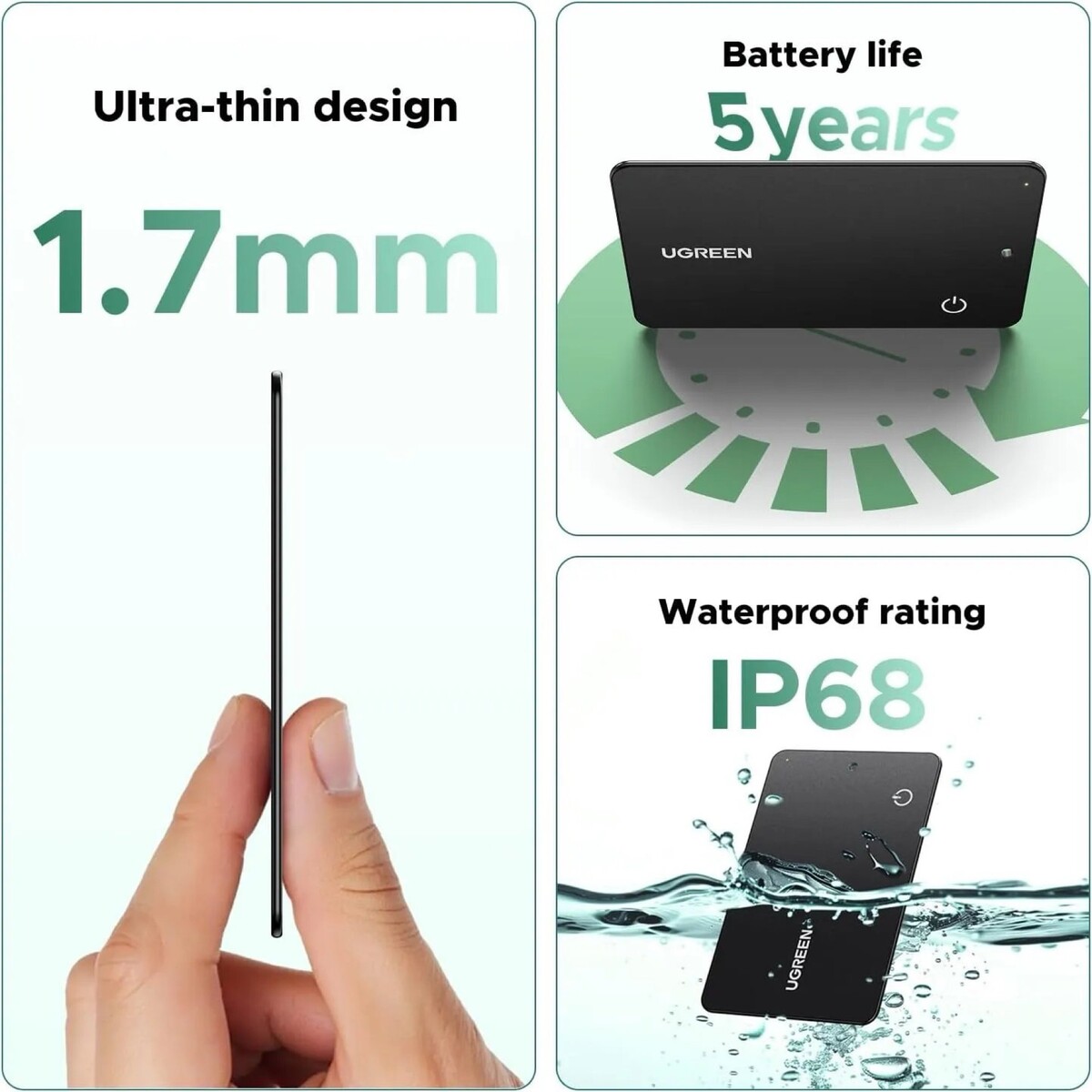 Tracker Bluetooth UGREEN FineTrack Slim S - Pour Portefeuille, Clés, Valise, Compatible Samsung SmartThings