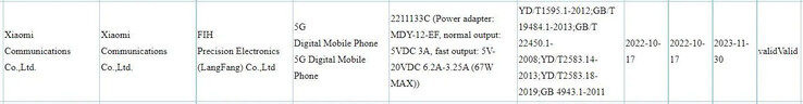 Xiaomi "13" trafia do bazy danych 3C. (Źródło: 3C via MySmartPrice)