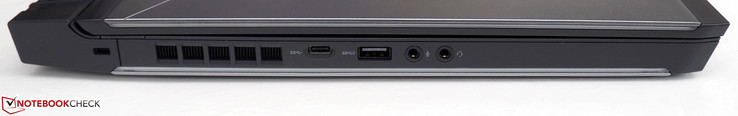 lewy bok: gniazdo linki zabezpieczającej (Noble Lock), USB typu C, USB typu A, 2 gniazda audio