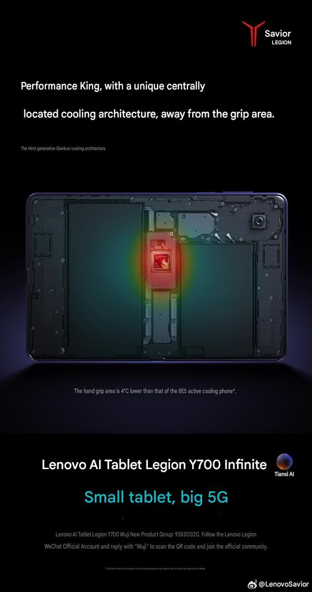 Wewnętrzna konstrukcja urządzenia Lenovo Legion Y700 Infinite przedstawiająca umieszczony centralnie procesor Snapdragon oraz architekturę termiczną zaprojektowaną tak, aby zapewnić niższe temperatury w obszarze uchwytu tabletu podczas grania.