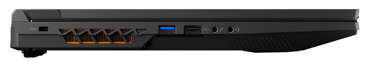 Lewa strona: gniazdo blokady kabla, USB 3.2 Gen 1 (USB-A), USB 2.0 (USB-A), wejście mikrofonu, combo audio