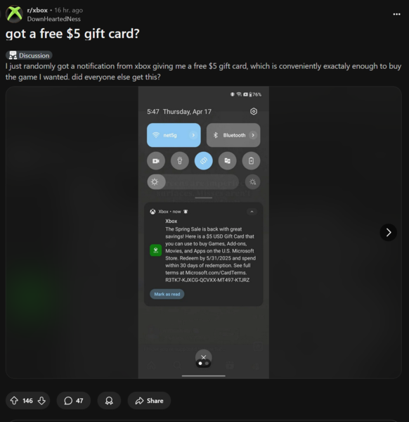 Post na Xbox Reddit dotyczący darmowych kodów na karty podarunkowe (źródło obrazu: zrzut ekranu, subreddit Xbox)