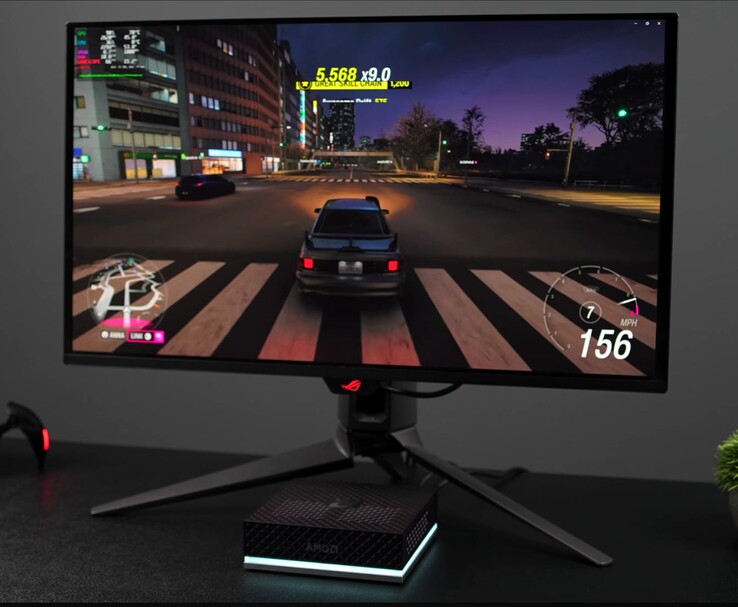 Mini PC AMD Ryzen AI Max+ 395 z systemem SteamOS podczas rozgrywki na zewnętrznym monitorze do gier
