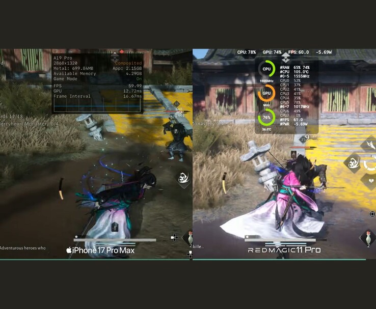 Porównanie wydajności iPhone'a 17 Pro Max i RedMagic 11 Pro z danymi wyświetlanymi na ekranie (źródło obrazu: Dame Tech via YouTube)