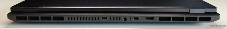 Tył: USB-C 4.0 z Thunderbolt 4 (40 Gb/s, DisplayPort 2.1 przez iGPU, 140 W Power Delivery), złącze zasilania, Mini DisplayPort 2.1 (przez dGPU, DP40/UHBR10, VRR/G-Sync), HDMI 2.1 (przez dGPU, 48 Gb/s, HDCP 2.3, VRR/G-Sync)