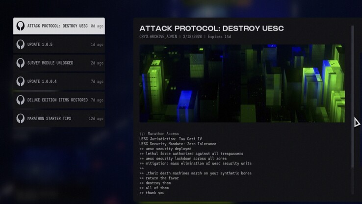 Panel wiadomości Marathon pokazujący aktualizację 1.0.5 i powiązane informacje o nowej zawartości.