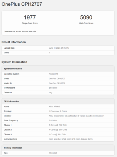 OnePlus Nord 5 Geekbench listing (źródło obrazu: Geekbench)