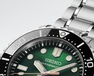 Zbliżenie na Seiko Marinemaster HBF003J1 ukazujące jego zieloną tarczę ze szlifem słonecznym,