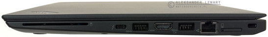 prawy bok: czytnik kart inteligentnych (Smart Card), Thunderbolt 3, USB 3.0, HDMI, USB 3.0 (power), LAN, zaślepka dla SIM, blokada Kensingtona