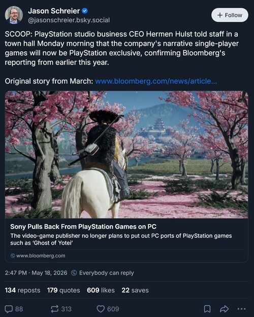 Post Jasona Schreiera Bluesky'ego o ekskluzywnych produktach na PS5