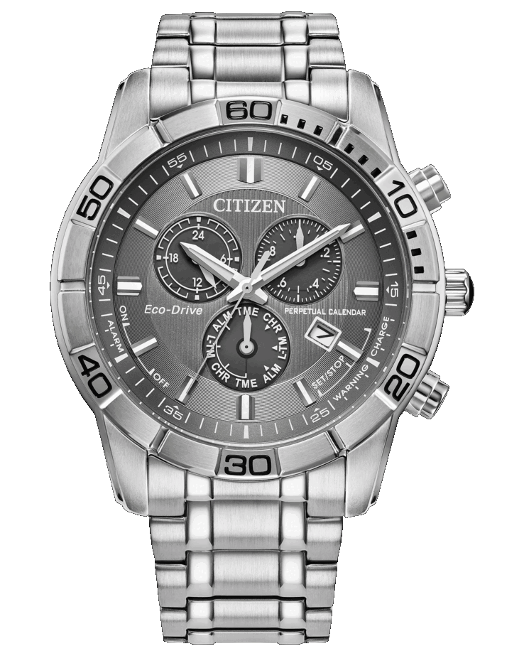 Chronograf Citizen Classic Eco-Drive z szarą tarczą, kopertą ze szczotkowanej stali nierdzewnej o średnicy 44 mm, nieruchomą ramką z podziałką 60-minutową oraz trzema dodatkowymi tarczami.
