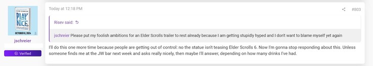 Jason Schreier komentuje The Elder Scrolls 6 podczas The Game Awards (źródło obrazu: zrzut ekranu, forum ResetEra)