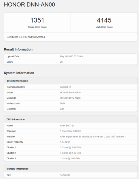 Snapdagon 7 Gen 4 Geekbench listing (źródło obrazu: Geekbench)