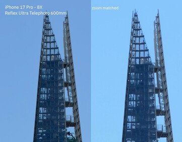 iPhone 17 Pro - 24-krotny zoom bezstratny z obiektywem 300-600 mm (po lewej) vs 24-krotny zoom cyfrowy (po prawej).