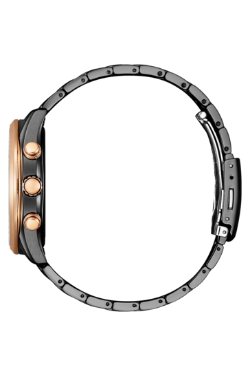 Widok z boku modelu Citizen Eco-Drive BY1036-53L, na którym widać ramkę, koronkę i przyciski w kolorze różowego złota oraz czarną bransoletę