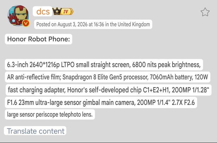 Szczegółowa specyfikacja telefonu Honor Robot przedstawiona w poście firmy DCS na Weibo